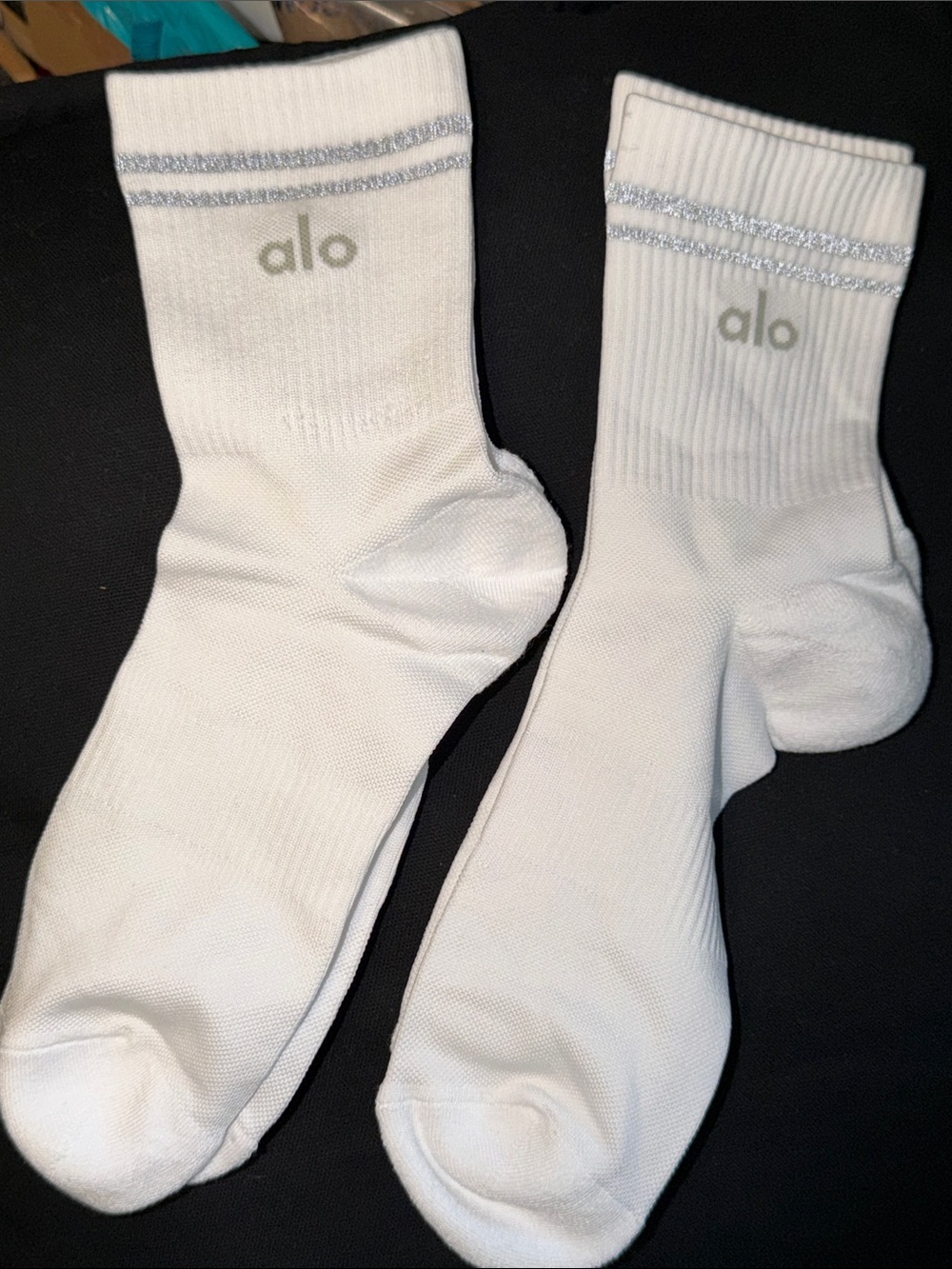 ALO Yoga White Crew Socks with Silver Metallic Cuff - Pair